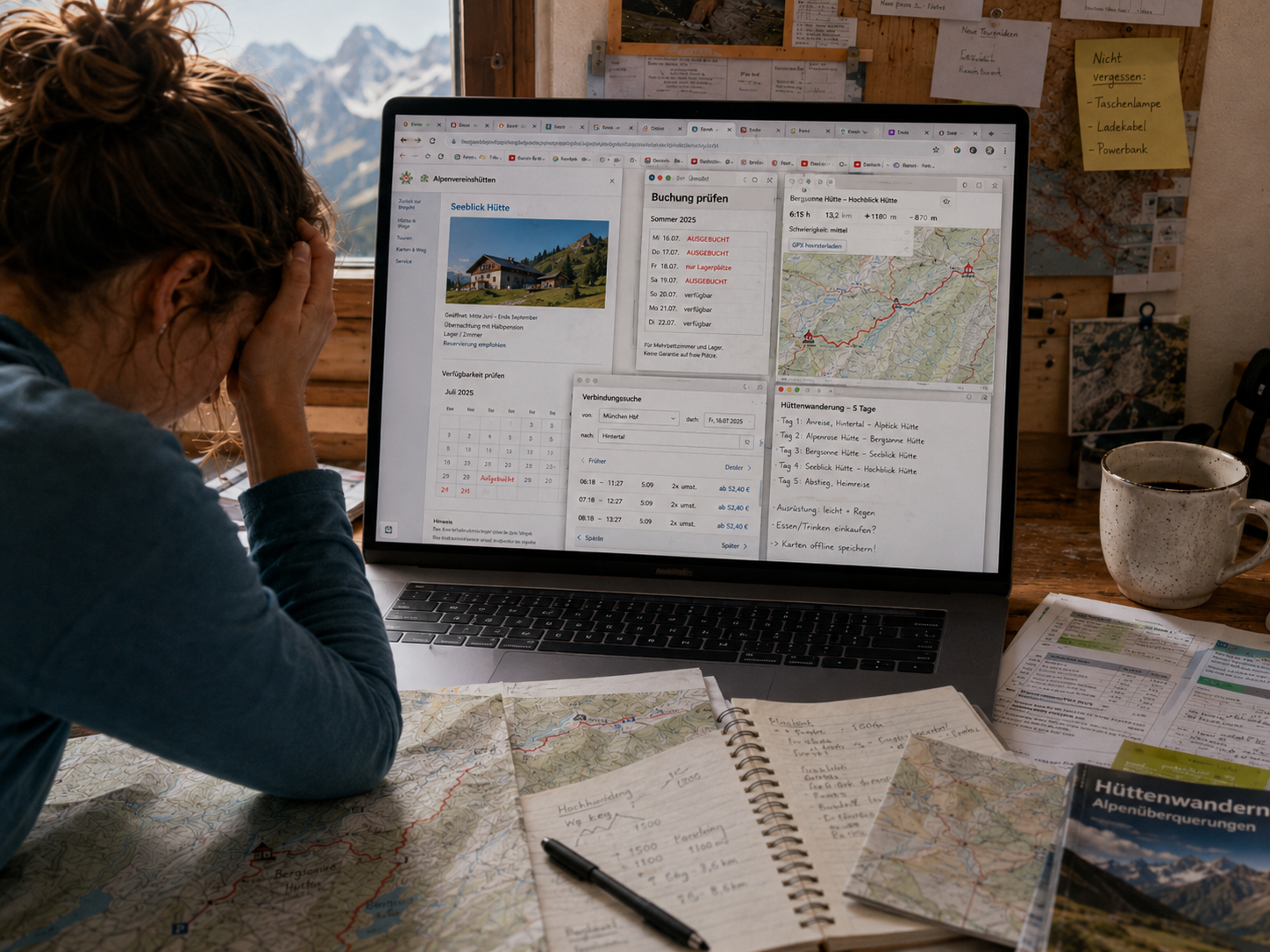 Frustrierte Hüttentour-Recherche mit vielen offenen Tabs, Karten und Notizen