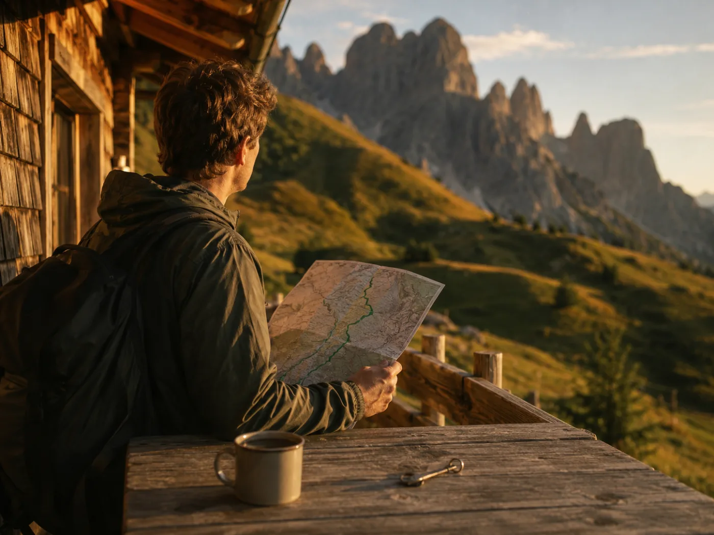 Wanderer auf der Hüttenterrasse mit fertig geplanter Route auf der Karte