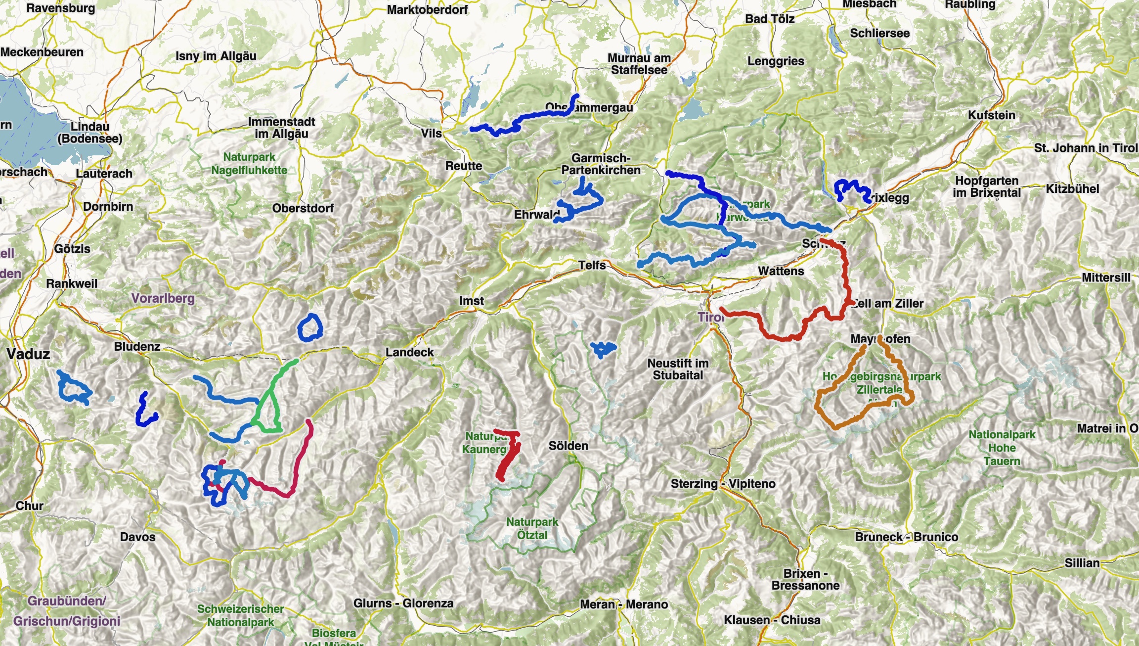 Alpenkarte mit Hüttentouren